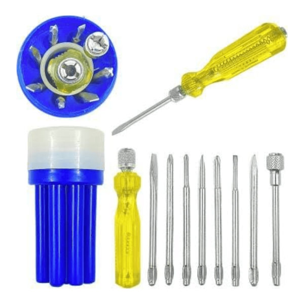 2-1-1.png 8-in-1 Pc Screwdriver set With 3 Flat Blades, 3 Phillips Head, 1 Round Poker Bar, Extension Rod With 6x7,8x9,10x11,12x13 Spanner Set | Multi-purpose Tool Set